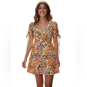 Ted Baker Short Puff Tie Sleeve Black Yellow Orange Floral vneck Print Dress